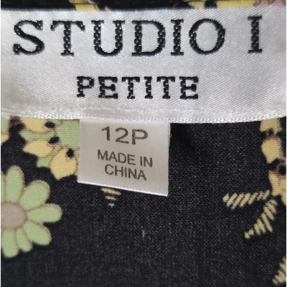 Studio I Petite 12P Black Yellow Paisley Sleeveless Button Front Midi Dress